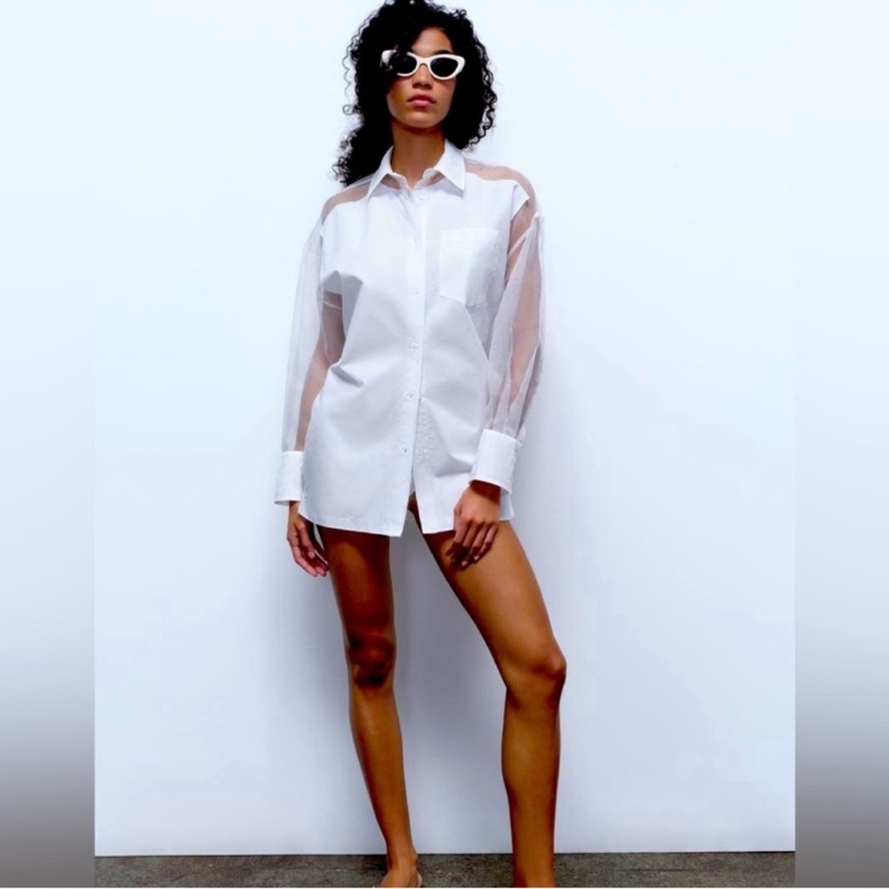 Zara White Button Down Shirt with Sheer Sleeves